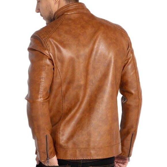 🆕 Men Brown Stand Collar Leather Jacket Motorcycle Lightweight Faux Outwear - Picture 2 of 6